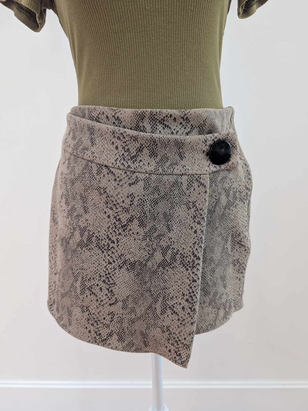 Zara Taupe Snake-Print Wrap Skort with Black Button